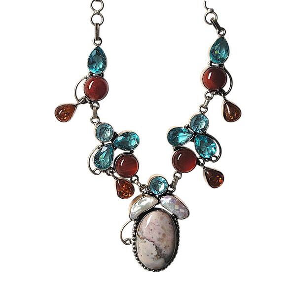 Sterling Silver Gemstone Necklace With Blue Topaz, Carnelian, Amber, And Pearls - Picture 2 of 10